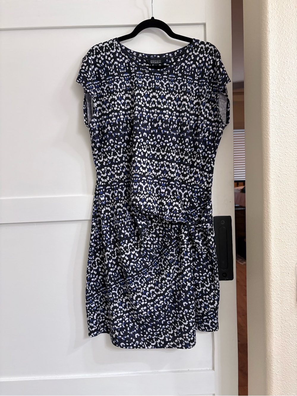 Nicole Miller Navy and White Printed Short-Sleeve Tie-Detail Mini Dress